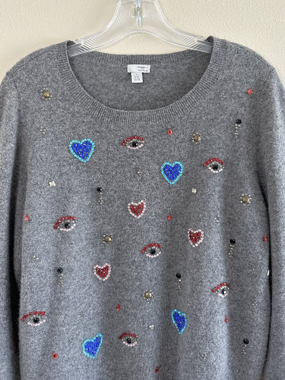 Halogen Cashmere Beaded Eyes and Hearts Sweater, M, Grey Art to Wear Novelty - Picture 3 of 7